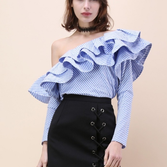 Chicwish Tops - 1 LEFT! Pinstriped One Shoulder Ruffle Blouse
